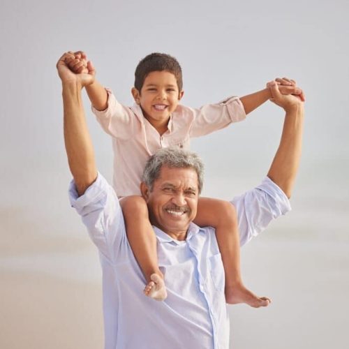 Piggyback,,Portrait,Or,Grandfather,With,Child,At,Sea,As,A